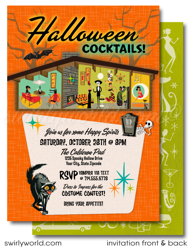 Retro Atomic Mid-Century Modern Eichler Halloween Party Invitation Evite Digital Download