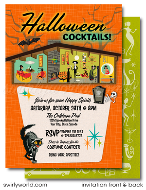 Be the life of the party with our Retro-Shag inspired "Boos and Booze" Halloween invitation! Featuring an Eichler mid-century modern home with retro-style monsters like a Vampire girl, Wolfman, and more. Easily customizable and perfect for a bold, stylish celebration. Download, customize, and share with ease!