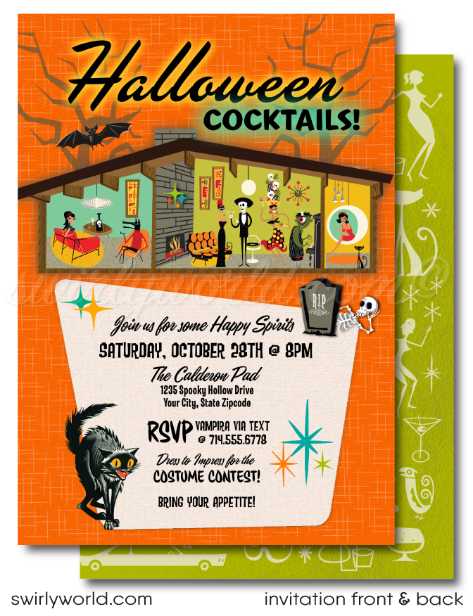 Throw an unforgettable "Boos and Booze" party with our Retro-Shag inspired Halloween invitation! Featuring an iconic Eichler mid-century modern home with vibrant retro-style monsters, this bold design is easy to customize. We’ll print on high-quality card stock and ship to your door for a stylish celebration!