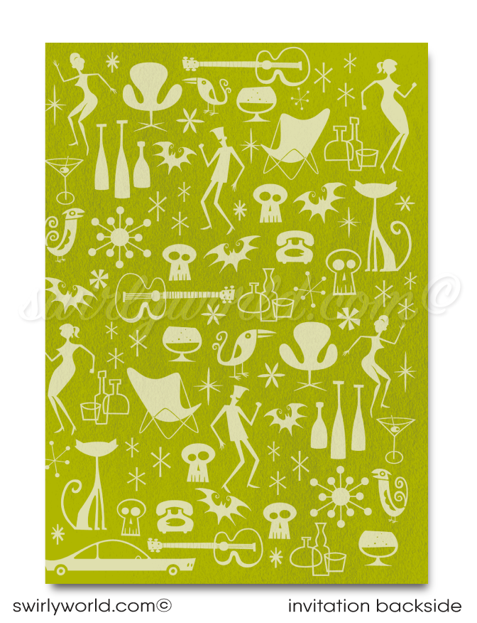 Throw an unforgettable "Boos and Booze" party with our Retro-Shag inspired Halloween invitation! Featuring an iconic Eichler mid-century modern home with vibrant retro-style monsters, this bold design is easy to customize. We’ll print on high-quality card stock and ship to your door for a stylish celebration!