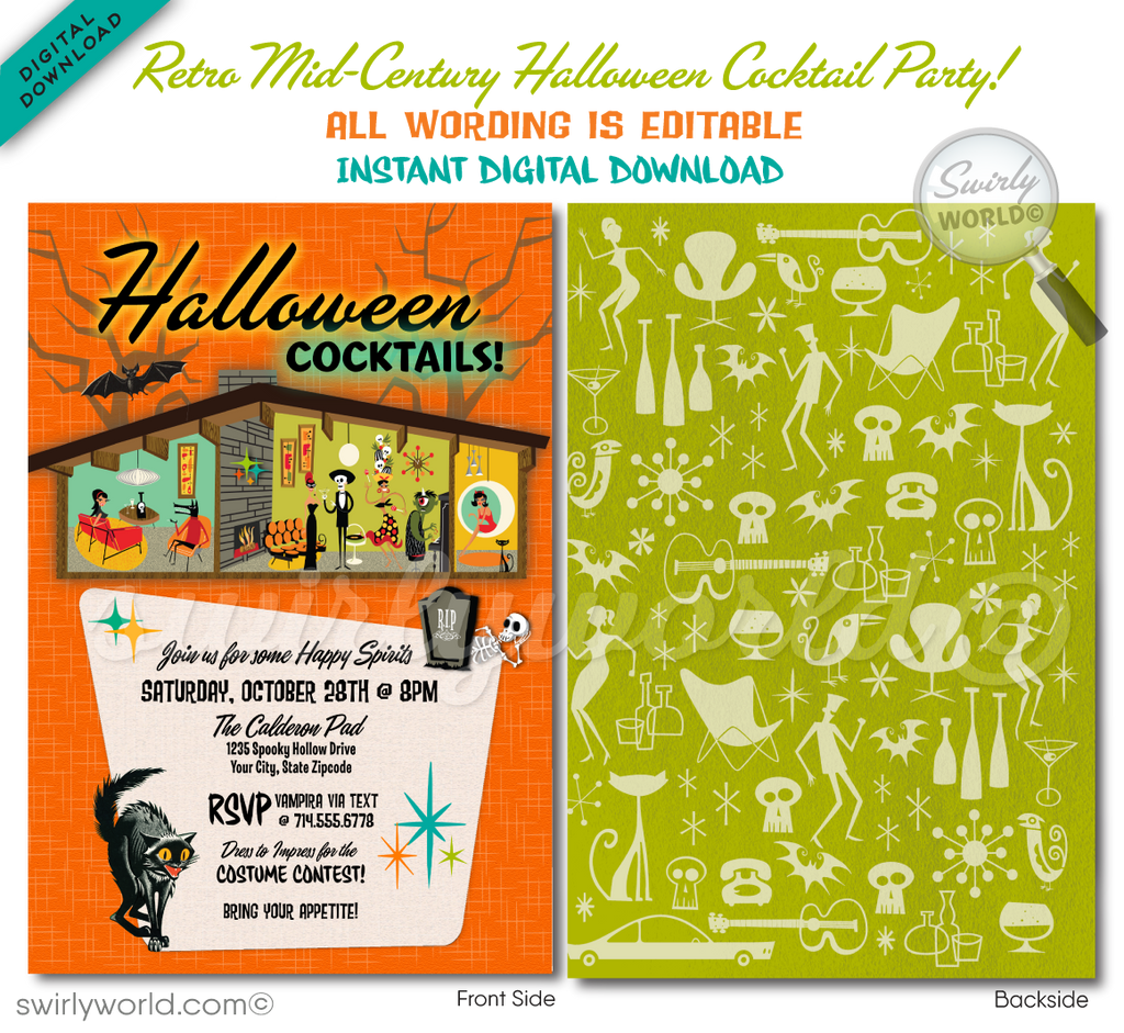 Retro Atomic Mid-Century Modern Eichler Halloween Party Invitation Evite Digital Download