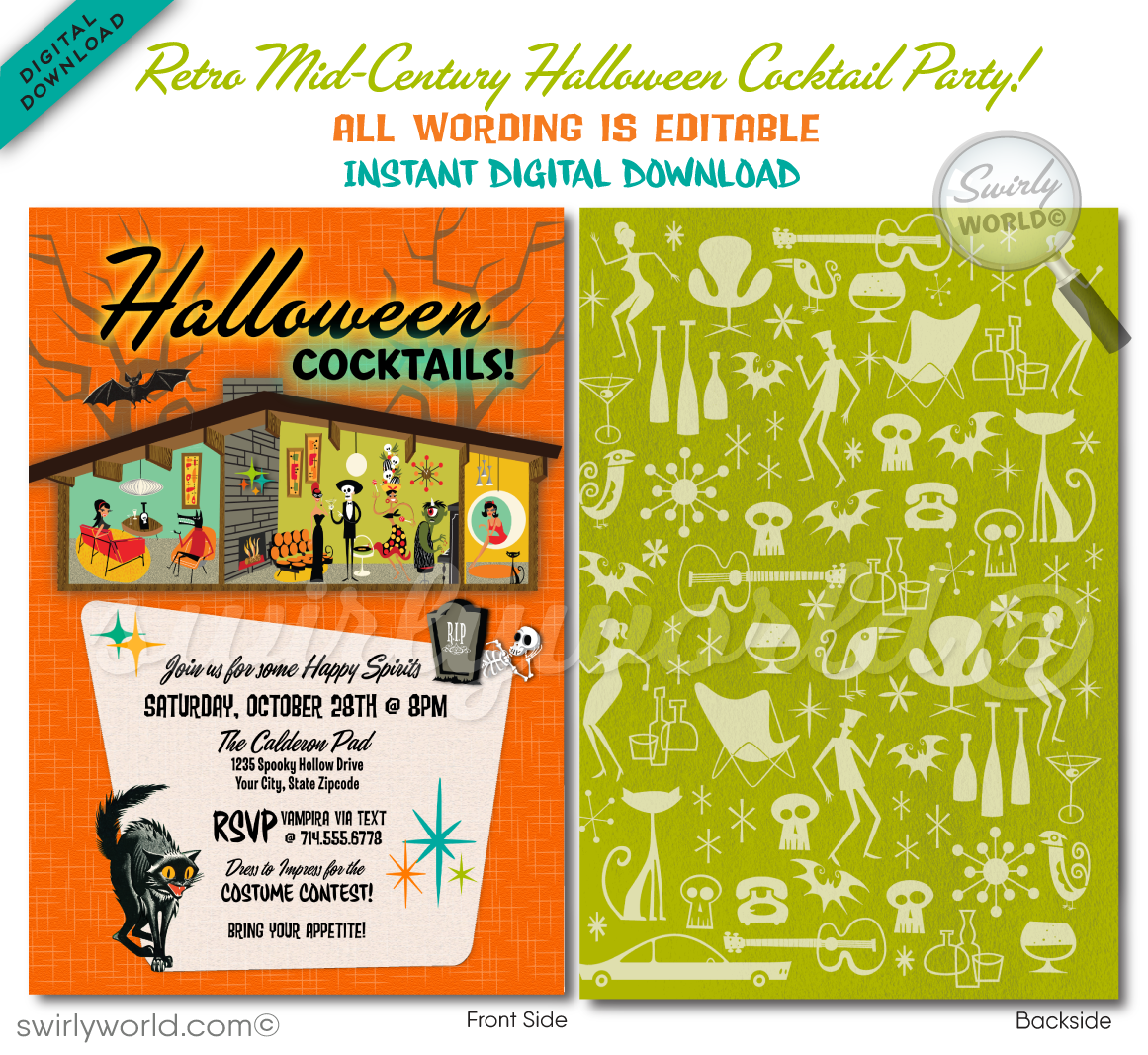 Be the life of the party with our Retro-Shag inspired "Boos and Booze" Halloween invitation! Featuring an Eichler mid-century modern home with retro-style monsters like a Vampire girl, Wolfman, and more. Easily customizable and perfect for a bold, stylish celebration. Download, customize, and share with ease!