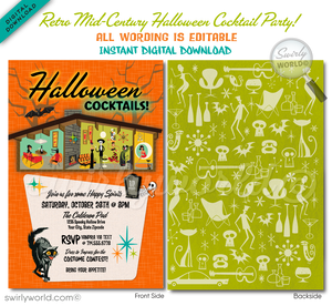 Be the life of the party with our Retro-Shag inspired "Boos and Booze" Halloween invitation! Featuring an Eichler mid-century modern home with retro-style monsters like a Vampire girl, Wolfman, and more. Easily customizable and perfect for a bold, stylish celebration. Download, customize, and share with ease!