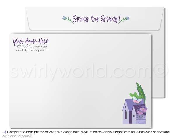 Spring Greeting Card – Garden Fence with Violet Blooms & Custom Realtor Branding