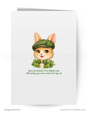 Card with a cartoon cat wearing a green hat and scarf on a white background