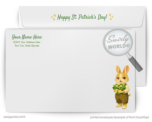 St. Patrick's Day themed letterhead with a cartoon rabbit holding shamrocks and a magnifying glass.