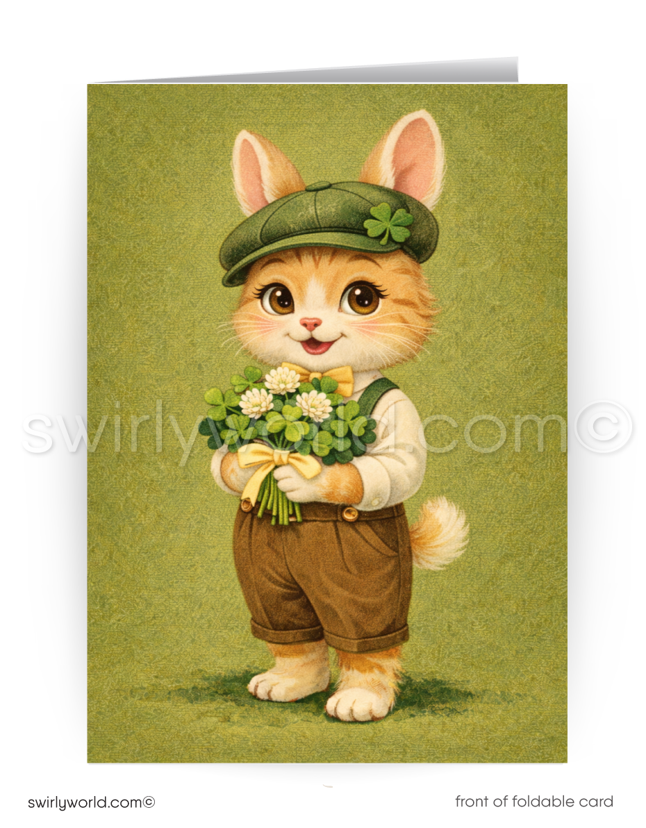 Greeting card with a cute illustration of a cat wearing a green cap and brown overalls, holding flowers on a green background.