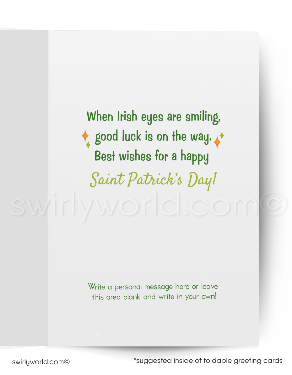 Vintage-style greeting card with a dog wearing a green hat and dress, holding flowers on a green background.