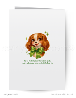 Backside of a foldable card with a dog wearing a green bow tie and text.