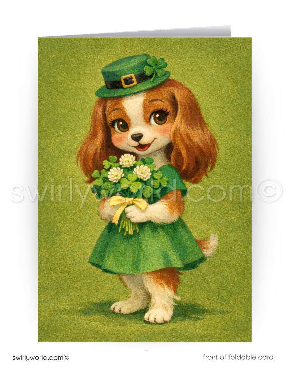 Vintage-style greeting card with a dog wearing a green hat and dress, holding flowers on a green background.