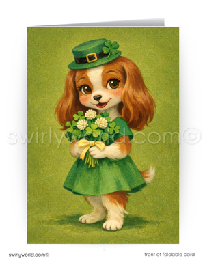Vintage-style greeting card with a dog wearing a green hat and dress, holding flowers on a green background.