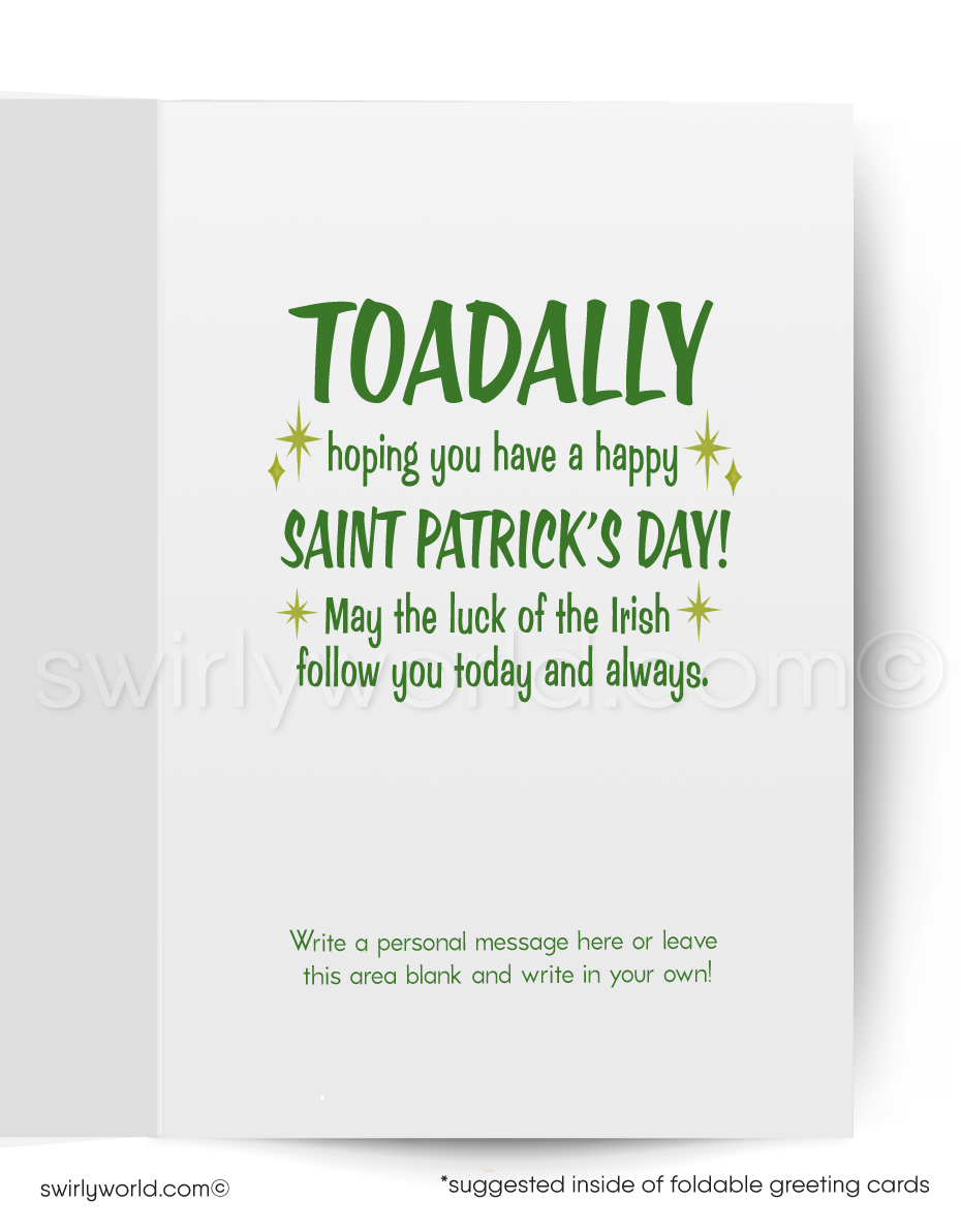 Card with a green frog wearing a top hat and bow tie sitting on a red mushroom with shamrocks.