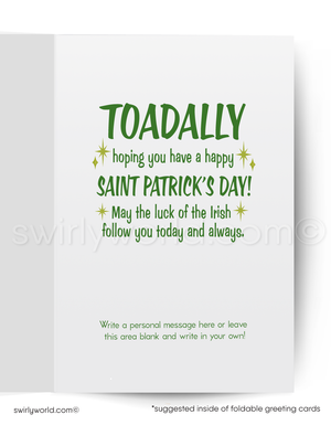 St. Patrick's Day greeting card with humorous message and Swirly World branding.