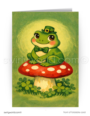 Card with a green frog wearing a top hat and bow tie sitting on a red mushroom with shamrocks.