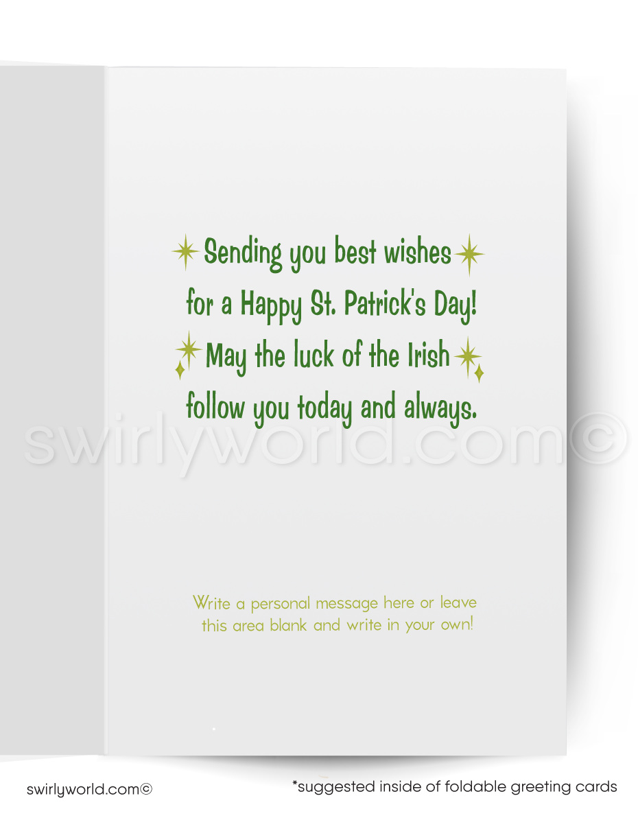 St. Patrick's Day card with a skunk holding a shamrock on a green background.