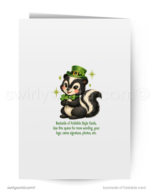 Greeting card with a skunk wearing a green hat and bow tie on a white background.