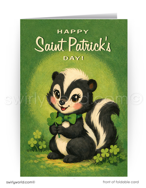 St. Patrick's Day card with a skunk holding a shamrock on a green background.