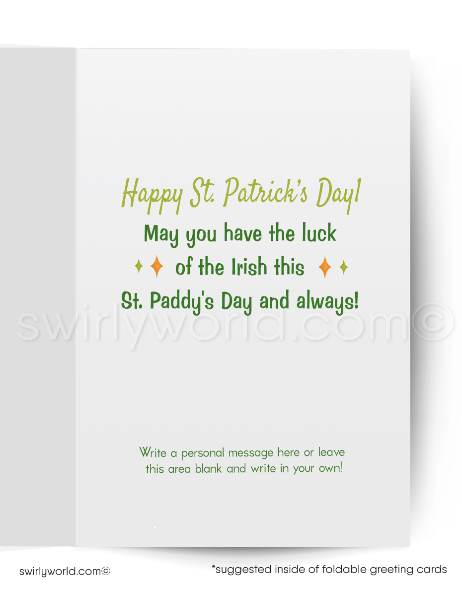 Greeting card with a cartoon fox wearing a green bow tie on a green background.