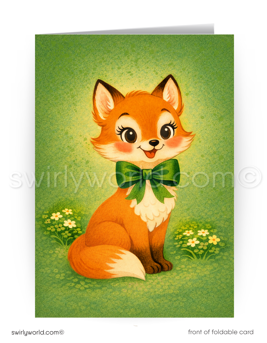 Greeting card with a cartoon fox wearing a green bow tie on a green background.
