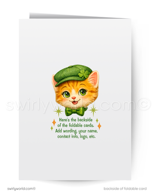 Backside of a foldable card with a cartoon cat wearing a green hat and bow tie on a white background.