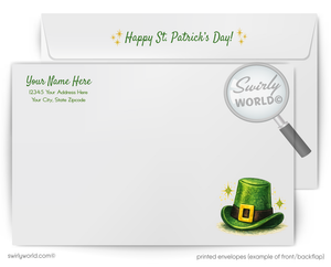 St. Patrick's Day themed printed envelope with a green hat illustration and Swirly World branding.