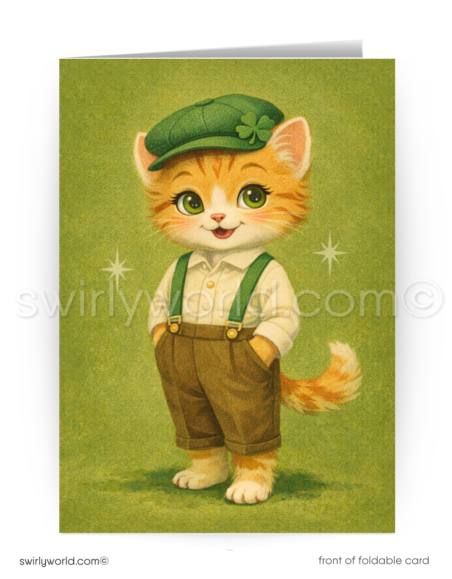 Illustration of a cat wearing a green hat and brown overalls on a green background