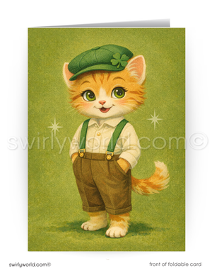 Illustration of a cat wearing a green hat and brown overalls on a green background