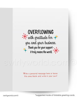 Greeting card with text 'Overflowing with gratitude for you and your business' on a white background.