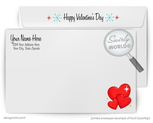 Valentine's Day envelope with red hearts and 'Swirly World' branding