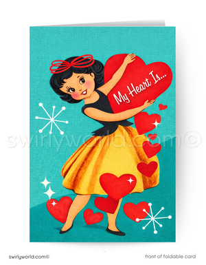 Vintage-style greeting card with a girl holding a heart-shaped sign on a blue background