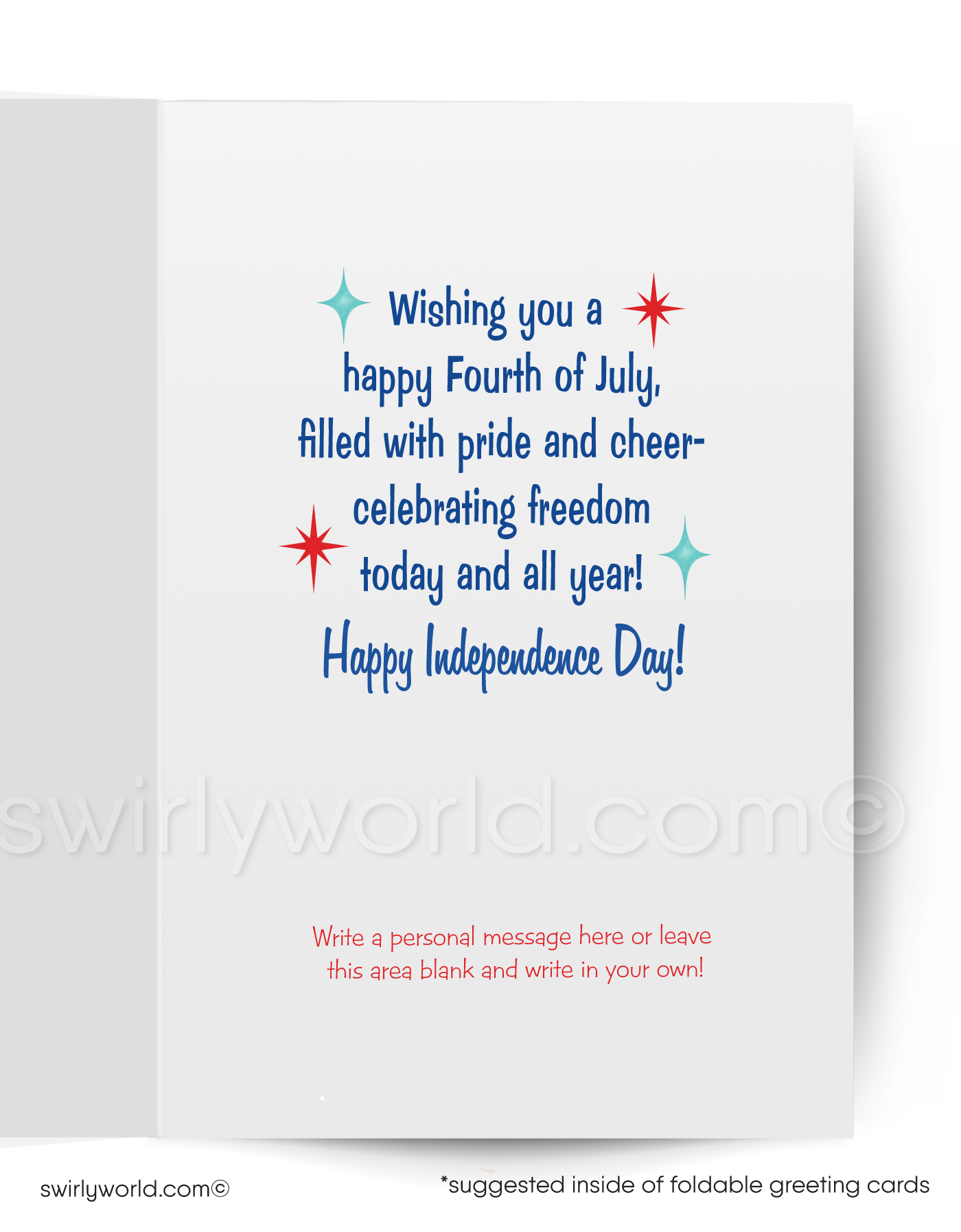 Vintage-style card with a girl in a red dress holding an American flag on a beach, celebrating the 4th of July.