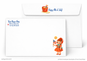 4th of July themed letterhead with a girl holding an American flag and a bucket of sand.