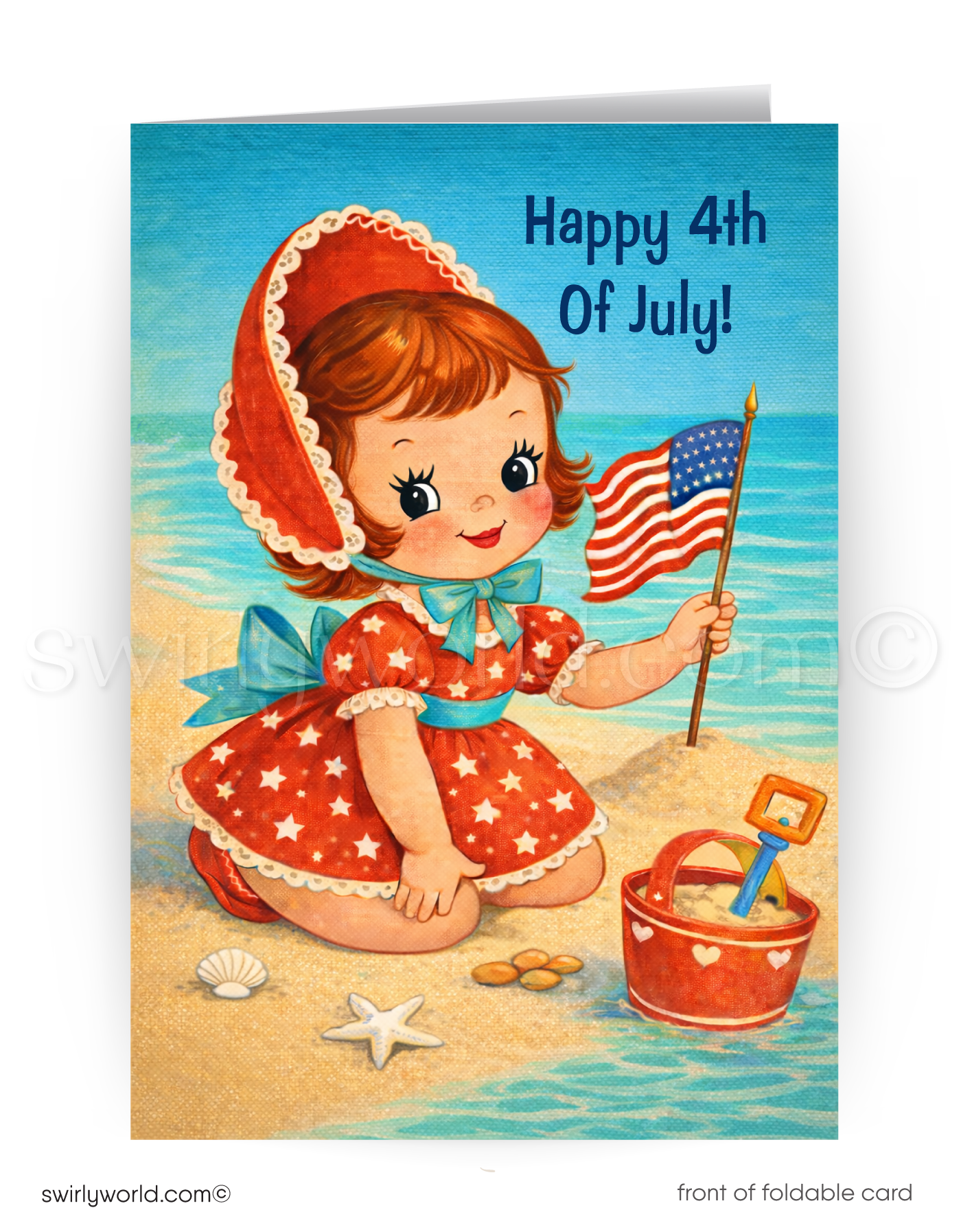 Vintage-style card with a girl in a red dress holding an American flag on a beach, celebrating the 4th of July.