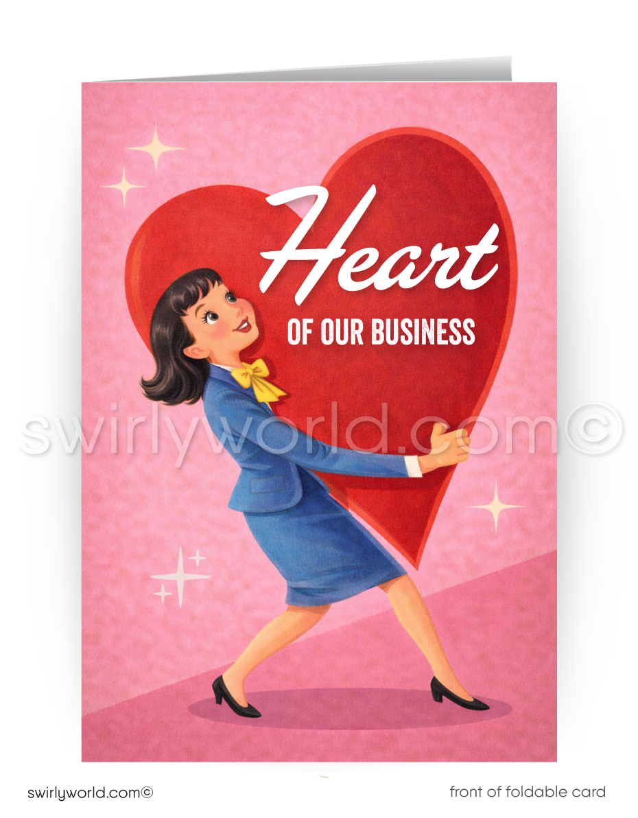 Vintage 1950s style retro happy Valentine's Day cards for women in business. Business woman holding a huge cartoon heart that says "Heart Of Our Business" on the front.