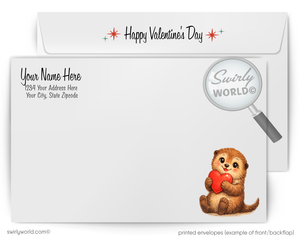 Valentine's Day card with a cute animal holding a heart and Swirly World branding.