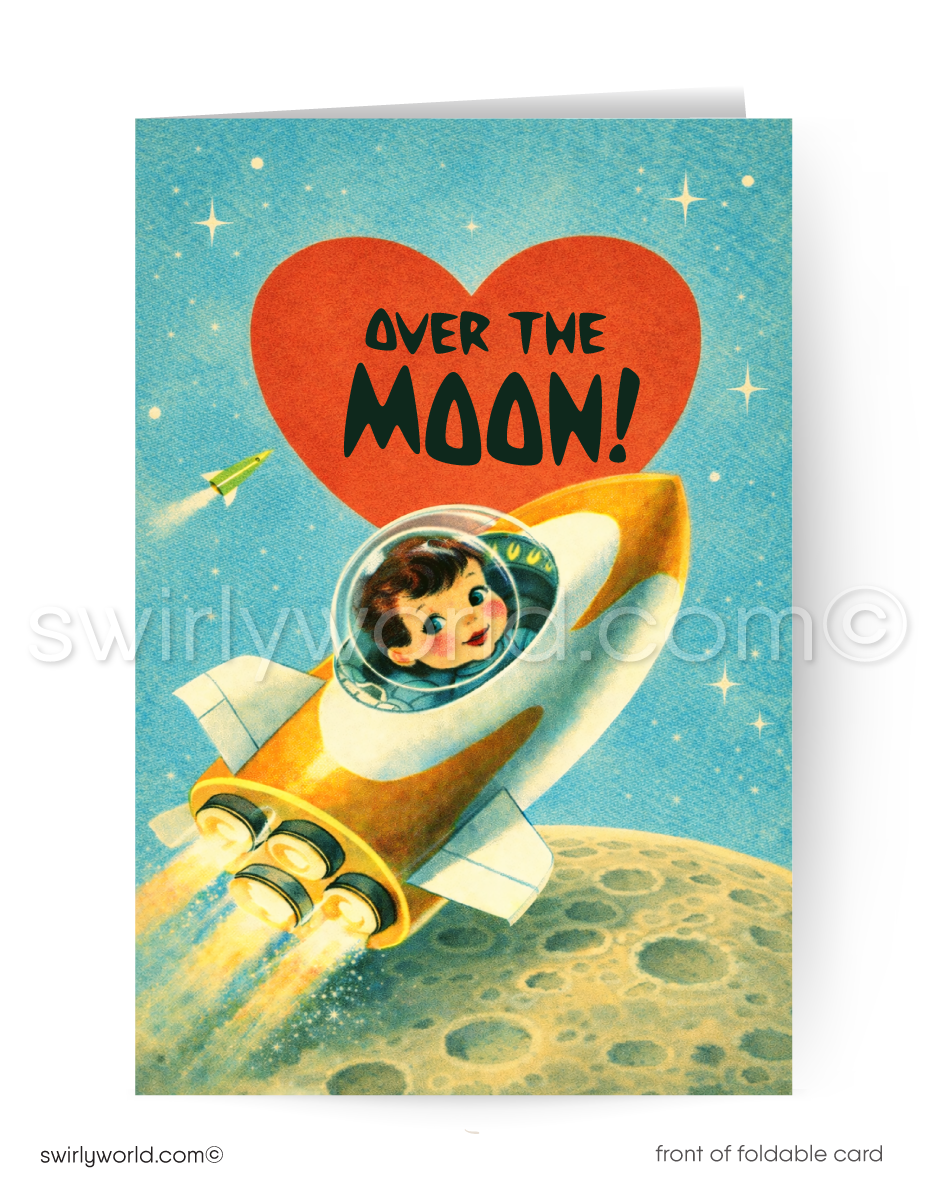 Card with an astronaut in a rocket ship on the moon, featuring a heart and 'Over the Moon!' text.