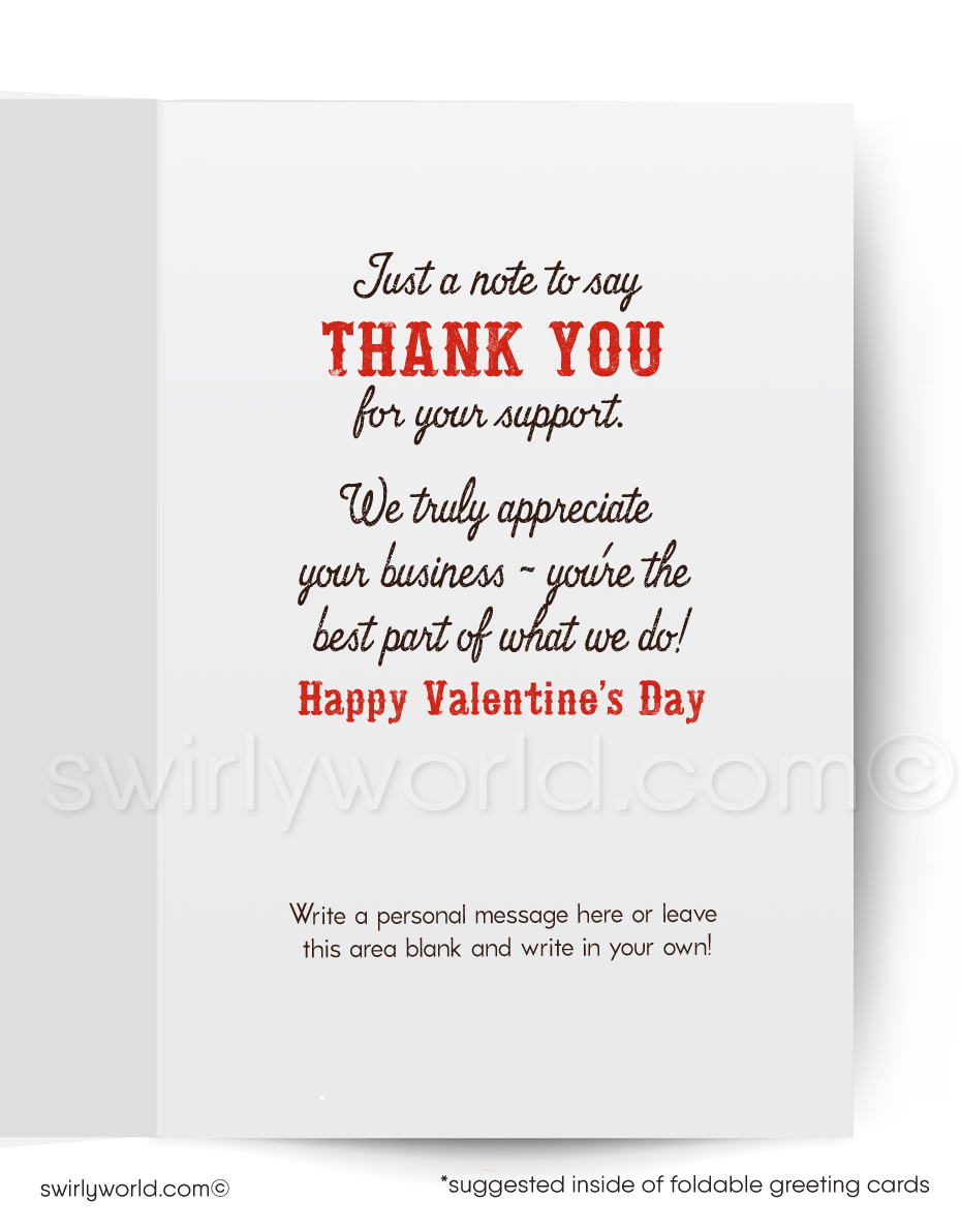 Vintage-style card with a cowboy holding a heart and lasso, set against a desert landscape.