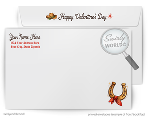 Valentine's Day card with Swirly World branding, featuring a magnifying glass and horseshoe design.