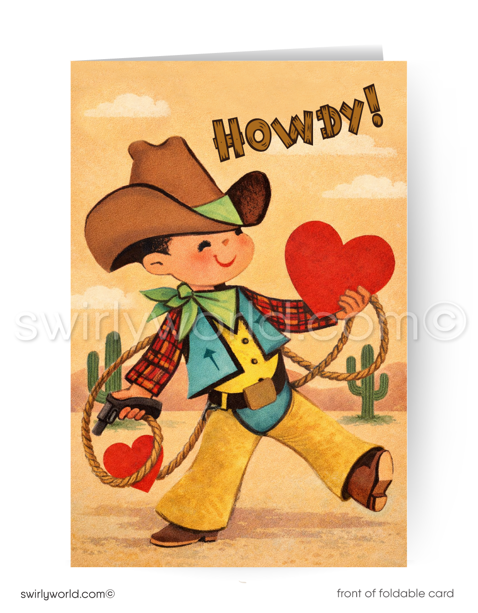 Vintage-style card with a cowboy holding a heart and lasso, set against a desert landscape.