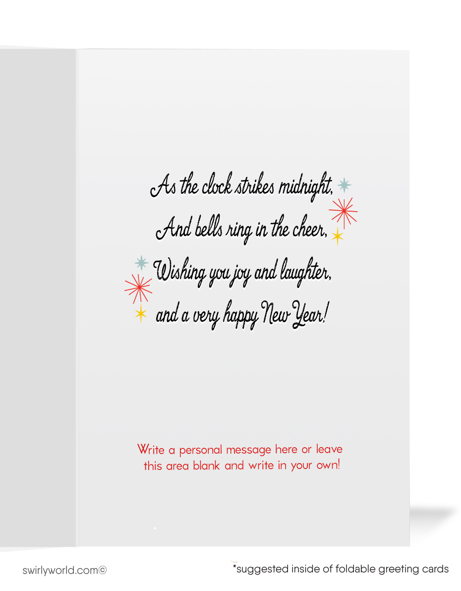 Art Deco Happy New Year Greeting Card – 1930s Retro Clock Design with Vintage Typography, Starbursts, and Festive Streamers