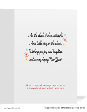 Art Deco Happy New Year Greeting Card – 1930s Retro Clock Design with Vintage Typography, Starbursts, and Festive Streamers