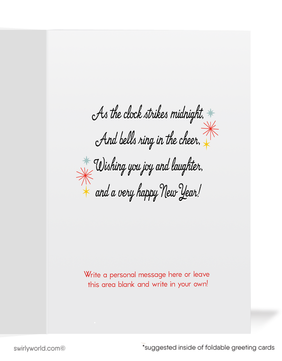 Art Deco Happy New Year Greeting Card – 1930s Retro Clock Design with Vintage Typography, Starbursts, and Festive Streamers