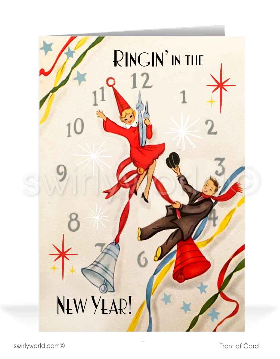 Art Deco Happy New Year Greeting Card – 1930s Retro Clock Design with Vintage Typography, Starbursts, and Festive Streamers