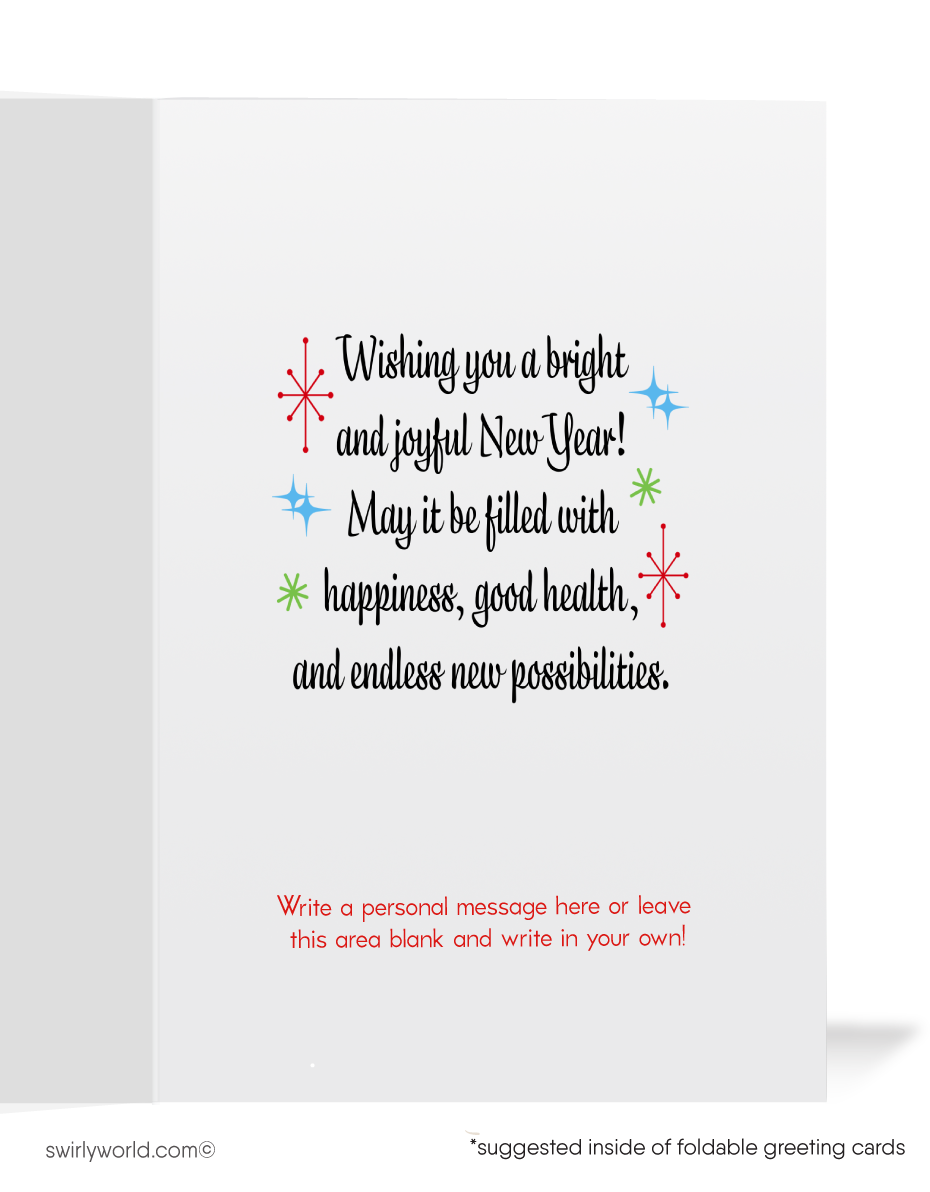 Celebrate with our Vintage New Year's Card! Three angels encircle a bell, retro starbursts, confetti, and vintage-style typography for timeless mid-century charm.