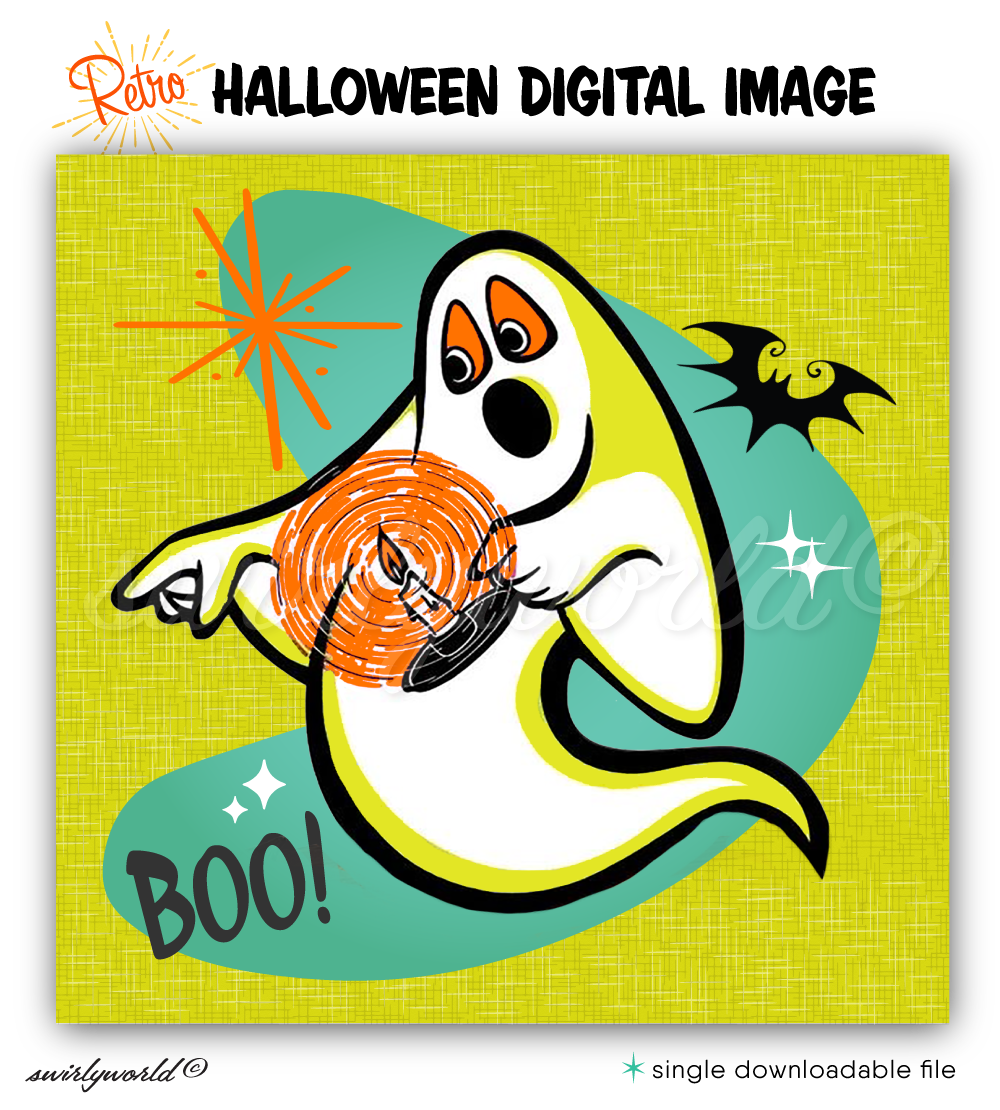 Celebrate Halloween with Swirly World's rare vintage design featuring a retro-style spooked ghost and the word "BOO!" against an atomic backdrop with starbursts. Perfect for social media or retro Halloween projects, this design adds mid-century charm to your spooky creations. Explore more vintage sets today!

