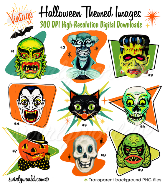 Rare Vintage 1950s-1960s Retro Mid-Century Modern Monster Halloween Image Set Digital Downloads Ephemera Scrapbook