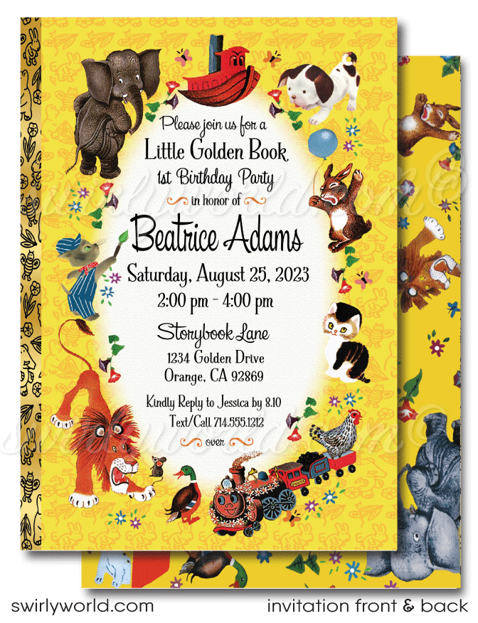 Vintage Little Golden Book Nursery Rhymes Book 1st Birthday Party Invitations Boy or Girl