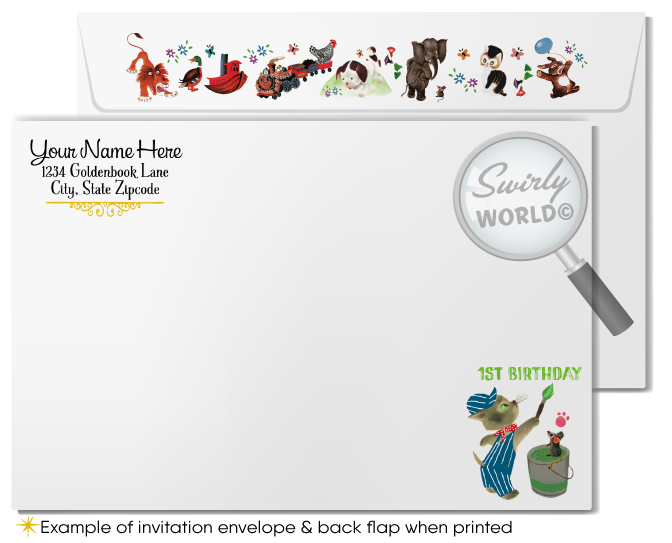 Immerse guests in nostalgic charm with our Vintage Little Golden Book 1st Birthday Invitation Set! 🌟📚 Featuring classic illustrations, this premium printed set includes invitations, thank you cards, and envelopes. Perfect for a magical storybook-themed celebration. Customize easily and create lasting memories! 🎉✨