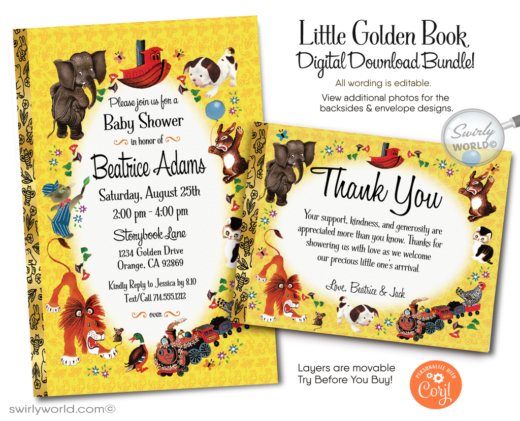 Little Golden Book 1st Birthday Party Invitations & Thank You Card Digital Download