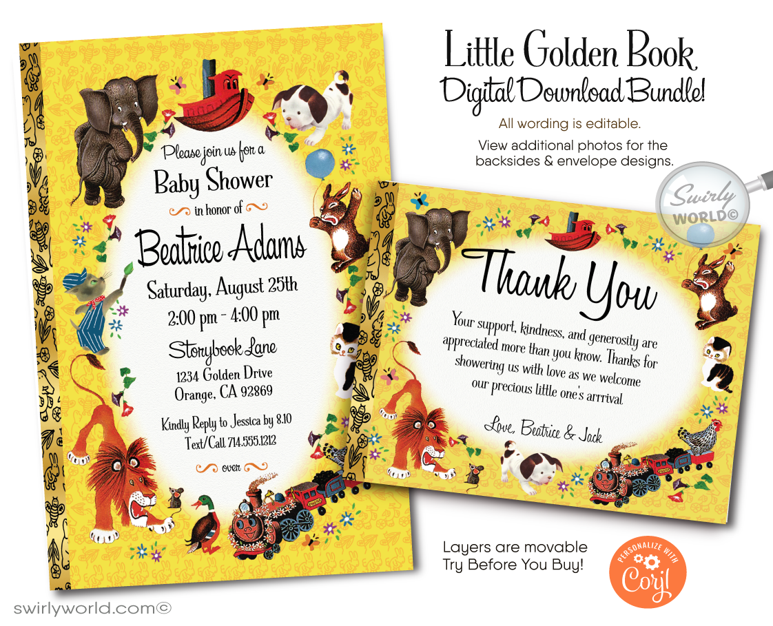 Celebrate with our Little Golden Book 1st Birthday Invitation Set! 🌟📚 Featuring the Pokey Little Puppy and Shy Little Kitten, this vintage-inspired digital download includes invitations, thank you cards, and envelopes. Perfect for a nostalgic nursery rhymes-themed party. Download, print, and enjoy! 🎉✨